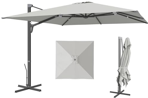Outsunny Alu Ampelschirm 3 x 3 m 360° drehbar Sonnenschirm mit Kurbel Ständer neigbar Wasserabweisend Marktschirm höhenverstellbar Gartenschirm Kurbelschirm Sonnenschutz für Garten Balkon Hellgrau