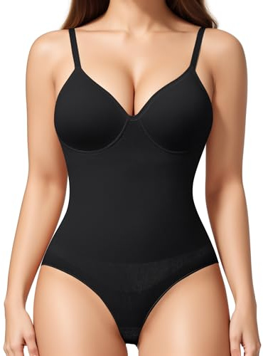 KUMAYES Shapewear Bodysuits for Women Tummy Control Shapewear with Built in Bra V-Neck Body Shaper Shaping Slimming Bodysuit(Black, S)
