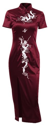 FDKLOOK Womens Cheongsam Dress Dragon Embroidery Gothic Emo Outfit | Satin Fabric,Evening Party,Side Split Qipao,Traditional Chinese Outfit,Mock Neck,Cap Sleeve,Halloween Costume,Maxi Dress