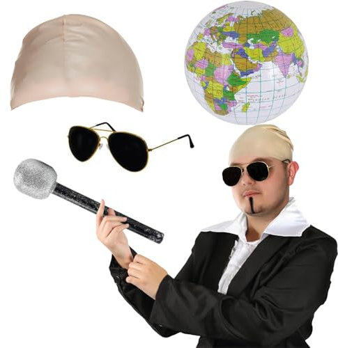 Mr Worldwide Ensemble d'accessoires pour adultes – Casquette chauve en latex nude, lunettes de soleil noires, globe gonflable, microphone, patch âme noire – Icône de musique pour homme et femme