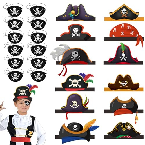 AffeGifts Piratenhut für Kinder, 24pcs Piraten Kindergeburtstag Set Schädel Druck Hüte Kinder Auge Patch Party Tasche Füller Karibik Party Dress Up für Halloween Masquerade Party Cosplay