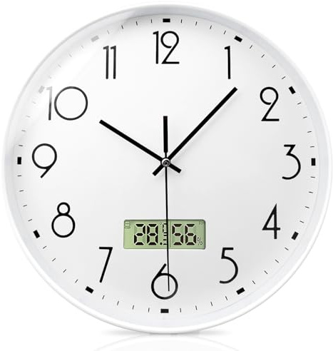 PORFOYO Reloj de pared de 12 pulgadas silencioso con temperatura y humedad, reloj radiocontrolado moderno péndulo de pared relojes de pared con pilas para dormitorio, cocina, oficina, sala de estar