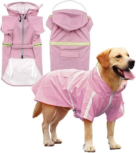 Hunde-Regenmantel, lässig, leicht, wasserdicht, reflektierend, mit transparentem Hut, für große und mittelgroße Hunde, Rosa, Größe 3XL (60 cm Rückenlänge) – passend für Hunde von 13,6 bis 22,6 kg