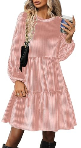 Zeagoo Vestito da Donna Corta Inverno Manica Lunga Abiti Vintage Vestiti in Velluto Elastico a Vita Alta Casual Abito con Tasche Rosa Chiaro S