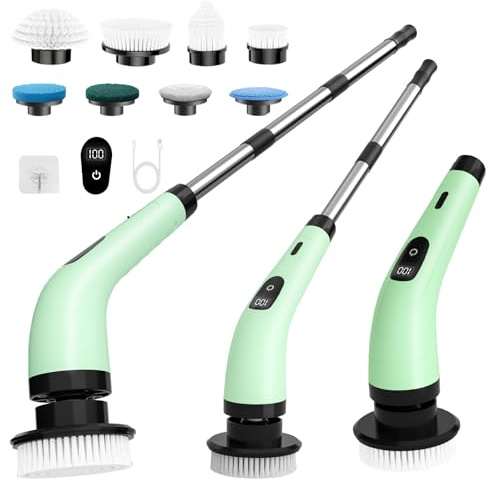 SINZUX Electric Spin Scrubber, Electric Cleaning Brush with 8 Replaceable Brush Heads, Electric Scrubbing Brush with LED Display and Adjustable Extension Handle for Bathroom Kitchen Car (Green)