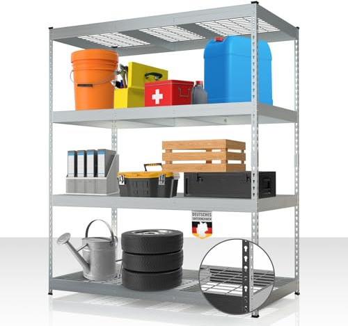 Floordirekt Schwerlastregal Yukon Rivet 160 x 150 x 80 cm, 4 Etagen Verzinkt | Stahlregal mit Gitterböden | 250–350 kg Tragkraft je Etage | Verschiedene Größen & Farben