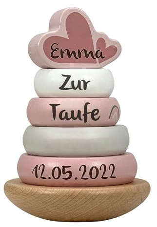 Mainely Personnalisable Tour à empiler en Bois Rose – Cadeau de baptême – pour Les Enfants à partir de 12 Mois – personnalisée avec Le nom et la Date du baptême – Label Label