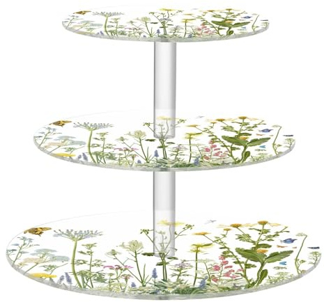 Blueangle 3-Tier Round Cupcake Stand – Colorful Herbs and Flowers Acrylic Dessert Tower, Non-Slip Tiered Dessert Stand for Baby Shower, Birthday, Wedding Party （542）