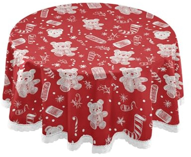 voucong Tovaglia moderna con orsetto natalizio con foglie di agrifoglio e foglie rosse, lunghezza 152 cm, lavabile, con bordo in pizzo, protezione per picnic e cucina