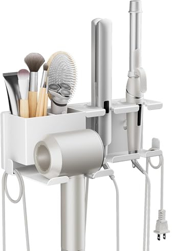 AIRUJIA Hairdryer Holder Wall Mounted with Plug Hook & Storage Basket, Curling Iron Straightener Holder, Hair Styling Care Tool Organizer, Space Storage Basket for Bathroom, Salon White