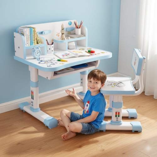 reukmuuc Scrivania per bambini regolabile con sedia, set di studio 3-18 anni con vassoio largo separato e cassetto portaoggetti, struttura in metallo e pannello ad alta densità, altezza regolabile