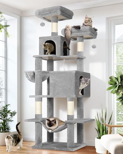 Globlazer Árbol Rascador para Gatos XXL 195 cm Alto con 2 Nidos, 2 Acolchada Percha, Grande Hamaca 50 * 33CM, Cesta, Estable Rascador para Gatos Adultos Descansar Jugar Interior (F76, Gris Claro)
