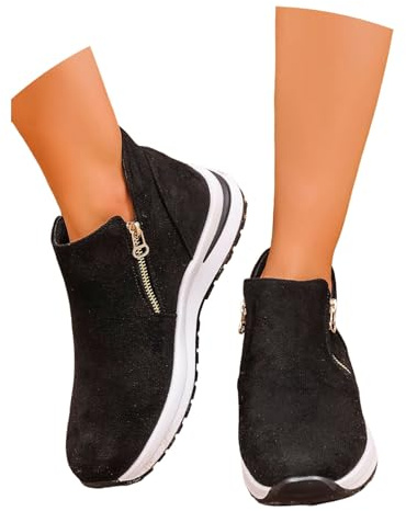 Vintage Ankelstövlar Dam Korta Stövlar Med Dubbel Dragkedja 2025 Nya Platå Kilklack Ankelboots Mocka Sportiga Stövlar Stora Storlekar Ankelskor(Black,40 EU)