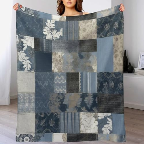 Boho Patchwork Throw Blanket,Farmhouse Quilted Country Blue Plaid Pattern Soft Cozy Warm Flannel Blankets for Sofa Couch Bed Gifts for Lover Kids Girls Boys Women Adults 30x40 Inch