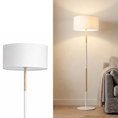 Alpinaluz Lámpara de Pie Nórdica con Base de Aluminio Contrapesada y Palo de Madera Natural, Pantalla Cilíndrica de Tela Blanca 40cm, Casquillo E27, Interruptor de Pie Integrado para Salón