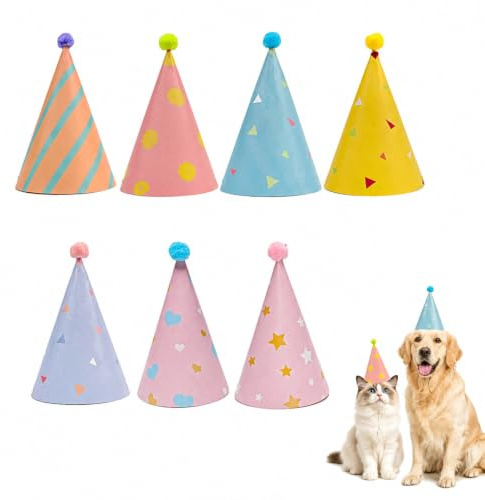FMPXYYA 7 Stück Geburtstagshüte für Hunde und Katzen Mini Partyhut Set Verstellbar mit Pompons Niedliche Tierparty Hüte für Haustier Geburtstag Fotografie Feier Zubehör