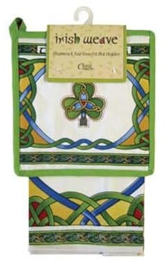 Royal Tara Irish Weave Traditionelles Set Geschirrtuch und Topflappen Küchentextil 100% Baumwolle mit Irish Shamrock Design