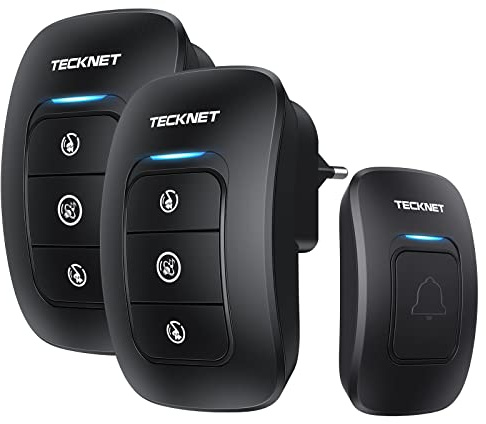 TECKNET Türklingel IP65 Funkklingel Aussen Wasserdicht | 250m Reichweite, Klingel set mit 1 Sender + 2 Empfängern, 4 Lautstärkestufen, 38 Melodien, Funkklingel mit LED-Schwarz