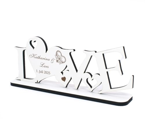 Dekolando Hochzeitsgeschenk Geldgeschenk Love Aufsteller mit Herzen - inkl. Personalisierung Name Datum - Geschenk Hochzeit 20 x 8 cm
