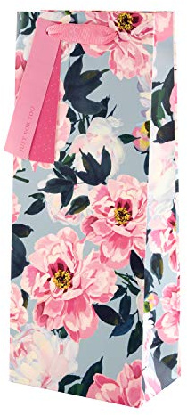 Hallmark Birthday Bottle Bag, Pink & Blue Floral Design, for Wine, Whiskey, Gin