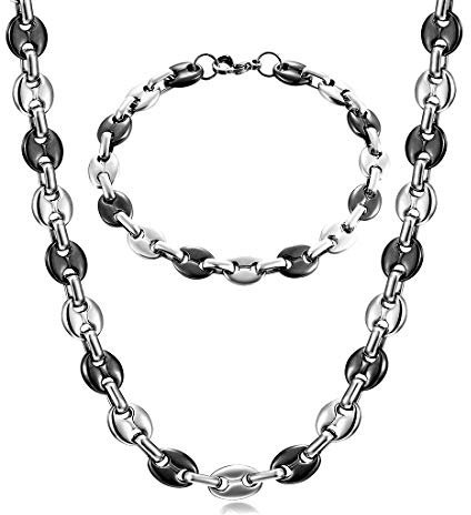 AFSTALR - Collana e bracciale in acciaio inossidabile, catena a maglia a chicco di caffè, da uomo, 6 mm, 9 mm, 11 mm, argento/oro/nero e Acciaio inossidabile, colore: Argent Noir - Grains de Café 11mm, cod. SET-cafe-argentnoir-61-11mm
