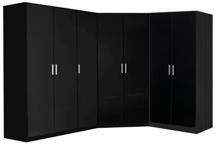 Reflect 3 Piece Bedroom Furniture Bundle - 2 Door CORNER + Triple + Double PLAIN Wardrobes (H: 180cm x W: 179cm x D: 215cm) (Black Gloss/Black Oak)