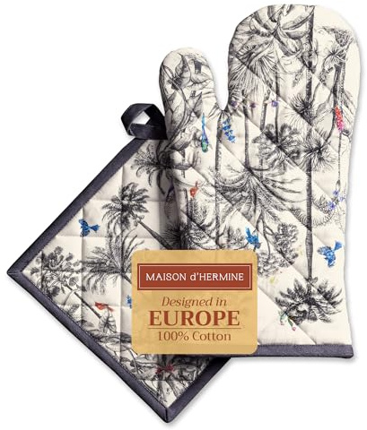 Maison d' Hermine Amazonia 100% Coton Set de Gant de Cuisine (19cm x 33cm) et manique (20cm x 20cm) pour Barbecue, Cuisine, Cuisson, Grill, Micro-Ondes, Barbecue, Thanksgiving, Noël