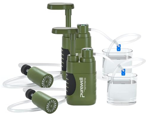 Purewell Water Filter Pump for Camping - Portable Water Purifier with 0.01 Micron Filter, Removes Bacteria - Emergency Survival Water Filtration System for Hiking, Travel & Outdoor Adventures