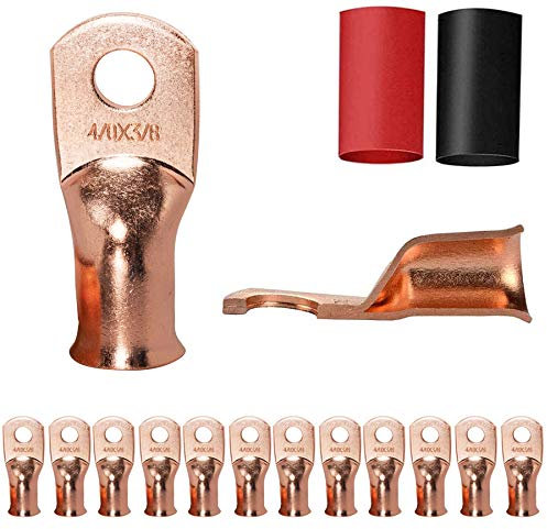 12PCS 4/0x3/8 Copper Ring Terminal Connectors 4/0 AWG Heavy Duty Battery Cable Ends Bare Copper Lugs with 12 PCS 3:1 Heat Shrink Tubing for Vehicle Boat Marine Use