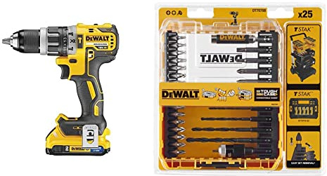 DEWALT Perceuse Visseuse à Percussion Brushless XR 18V Li-Ion 2Ah + DEWALT Coffret TOUGHCASE 25 Pièces, Embouts de Vissage et Forets Métal