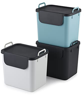Jive Rotho Set di 3 sistemi di raccolta differenziata cucina in plastica (PP riciclato), grigio scuro/bianco/turchese, 3 x 30 l (39,8 x 29,8 x 50,1 cm)