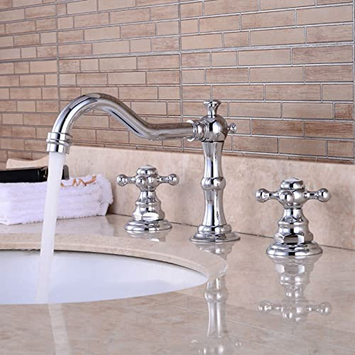 Europäisch Waschbeckenarmatur Zweigriff Retro Bad Wasserhahn Kreuzgriff Wasserhahn Bad Waschbecken Heiß und Kaltwasserhahn 3-Loch Waschtischbatterie,Chrom
