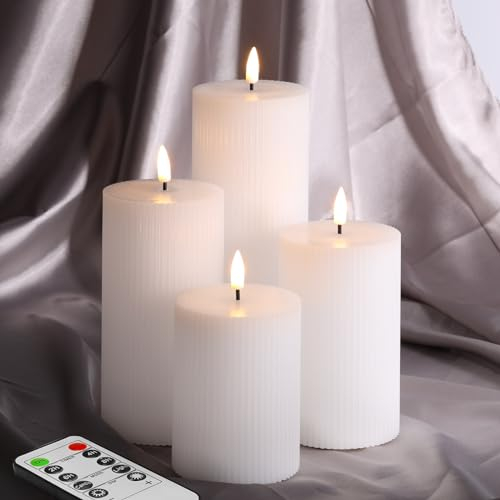 Eywamage Weiß Groß LED Stumpenkerzen mit Fernbedienung, Flammenlose Wachs Batterie Kerzen 4 Stück Φ 3 H 4 5 6 8