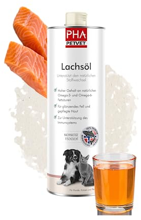 PHA Premium Lachsöl für Hund, Katze, Pferd mit wichtigen Omega-3 und Omega-6-Fettsäuren, unterstützt Haut, Fell, Nerven & Immunsystem, Barf Öl, 1 l