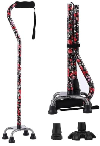 Floral Quad Cane for Women, Adjustable Walking Canes with 3-in-1 Interchangeable Base(3 Tips) for Versatile Support, Stylish & Stable Mobility Aid for Seniors Confidence