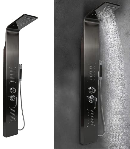 MINGYI Colonna doccia idromassaggio, con doccetta e pomello, 4 modalità di doccia, connettore DIN standard 1/2 (nero, 20×140 cm)