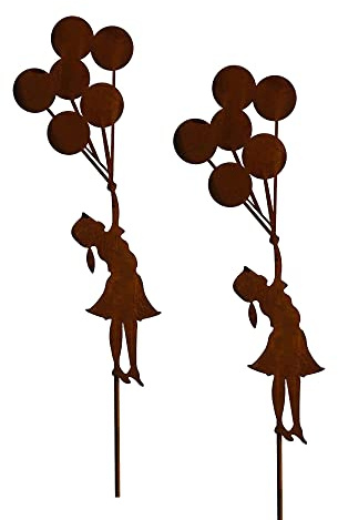 Bornhöft 2er Set Gartenstecker Rost Deko Mädchen für den Garten Luftballons Metall Gartendeko Stecker Edelrost Cortenstahl Edelrostoptik Rostdeko rostiger Beetstecker Topfstecker 75cm