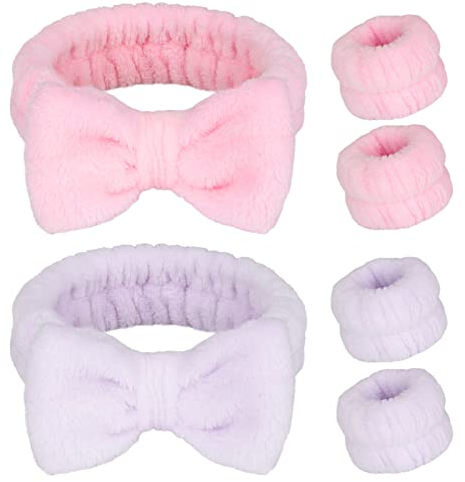 Spa Gesicht Stirnband 6 Stück,Bowknot Make Up Haarband,Elastisch Handgelenk Waschband,Flauschiges Beauty Haarband für Frauen Gesichtswaschen Dusche Sport