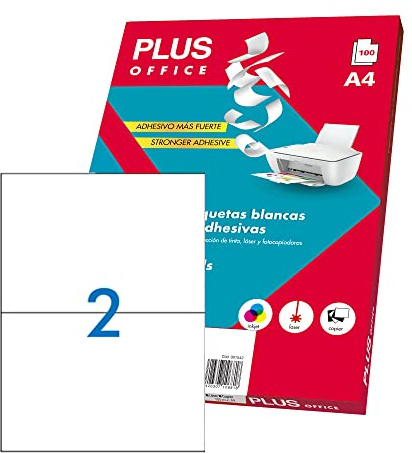 Plus Office - Etiquetas Autoadhesivas Blancas Para Imprimir, Pack De 100 Hojas Pegatinas Adhesivas De Papel En Hojas A4 Para Impresora Inkjet, Láser Y Fotocopiadoras, 2 Etiquetas Por Hoja (210x148mm)