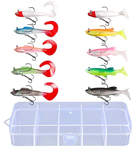 SVOCK 10 Stück Wobbler Angelköder, Weiches Angel Köder Set, Gummifisch Angeln Köder, T-Schwanz Fischköder und Ockiger Schwanz Köder Angeln, Köderfische mit Jigkopf, mit Box
