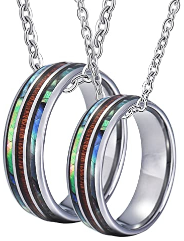 BCughia Pärchen Kette mit Ring, Partner Kette mit Ring Silber Kette Personalisiert 8 mm Silberring mit Holz und Muscheleinlage Halskette für Männer