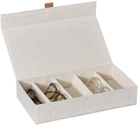 LOVE IT STORE IT Premium Aufbewahrungsbox für Brillen - Brillenbox aus Leinen-Baumwoll-Mix, innen Samt - Verstärkt mit Holz - Mit 5 Fächern - Beige - 30x17x6 cm