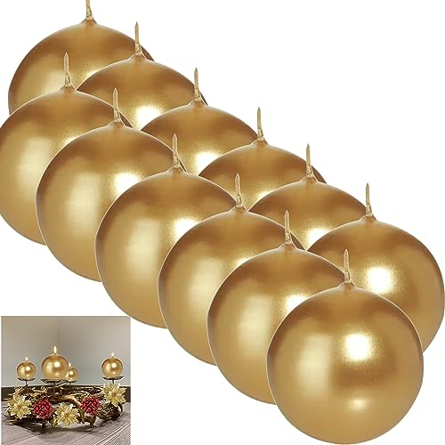 12 KUGELKERZEN Ø 8cm Gold | Lange Brenndauer 25 Stunden | Stumpen- Kerze Kugel Echtwachs Glänzend groß | Made in Germany