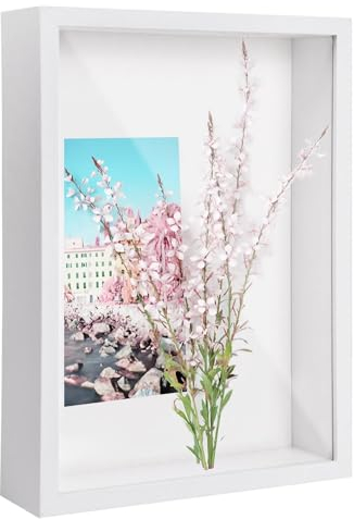 Cornice 3D Profonda, 22,7 x 31,4 cm Legno Cornice per Oggetti con Foglio Acrilico Trasparente, 3D Ombra Profonda Box Cornice per Foto, Cornice Contenitore Riempibile per Fiore Souvenir (Bianco 5CM)