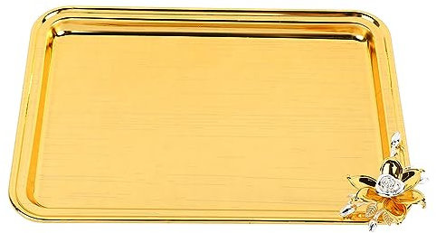 Wnvivi Bandeja para Servir de Mesa,Bandeja Decorativa Rectangular para Servicio de Alimentos con Decoración Floral,Bandeja de Joyería de Metal Dorado,Bandeja para Servir Vintage(L)