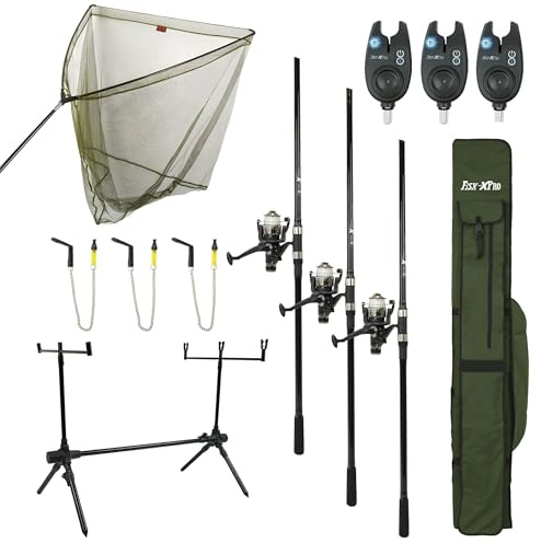 FISH-XPRO Carp Set Deluxe 3-Rod - Il set da pesca più completo - Set canne da carpa - Avvisatori di abboccata - Rod pod - Supporti posteriori - Borsone - Guadino da 42 pollici
