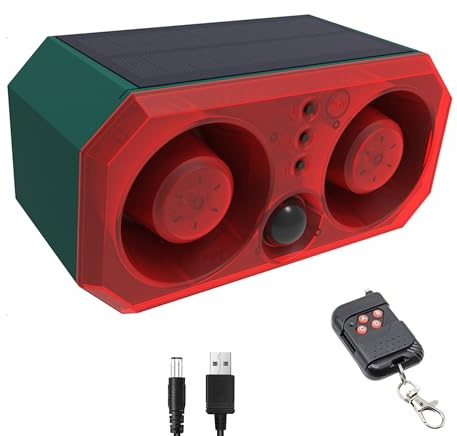 QXMH Alarma Solar con Sensor de Movimiento para Exteriores: Alarma Detector de Movimiento, Alarma de Sonido de ladridos de Perro y Disparo, 129 dB x 2 Fabricante de Ruido Fuerte