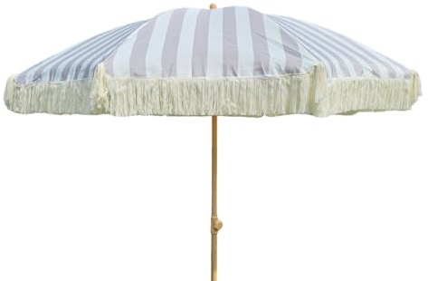Meinposten Sonnenschirm Strandschirm Schirm GRAU weiß gesteift mit Fransen UV Schutz Ø 180 cm