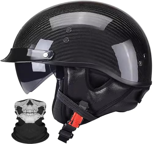 Retro Motorrad Half Helm Carbon Jet-Helm Chopper Motorrad-Helm mit Visier ECE-Zulassung Erwachsene Vintage Open Face Motorradhelm für Scooter Moped Street Bike 3K-C,L=58-59CM