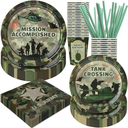 BOIKOKY Decoraciones de fiesta de cumpleaños del ejército, 120 piezas de suministros de fiesta temática de camuflaje, vajilla que incluye platos de papel, servilletas, tazas y popotes, sirve 24